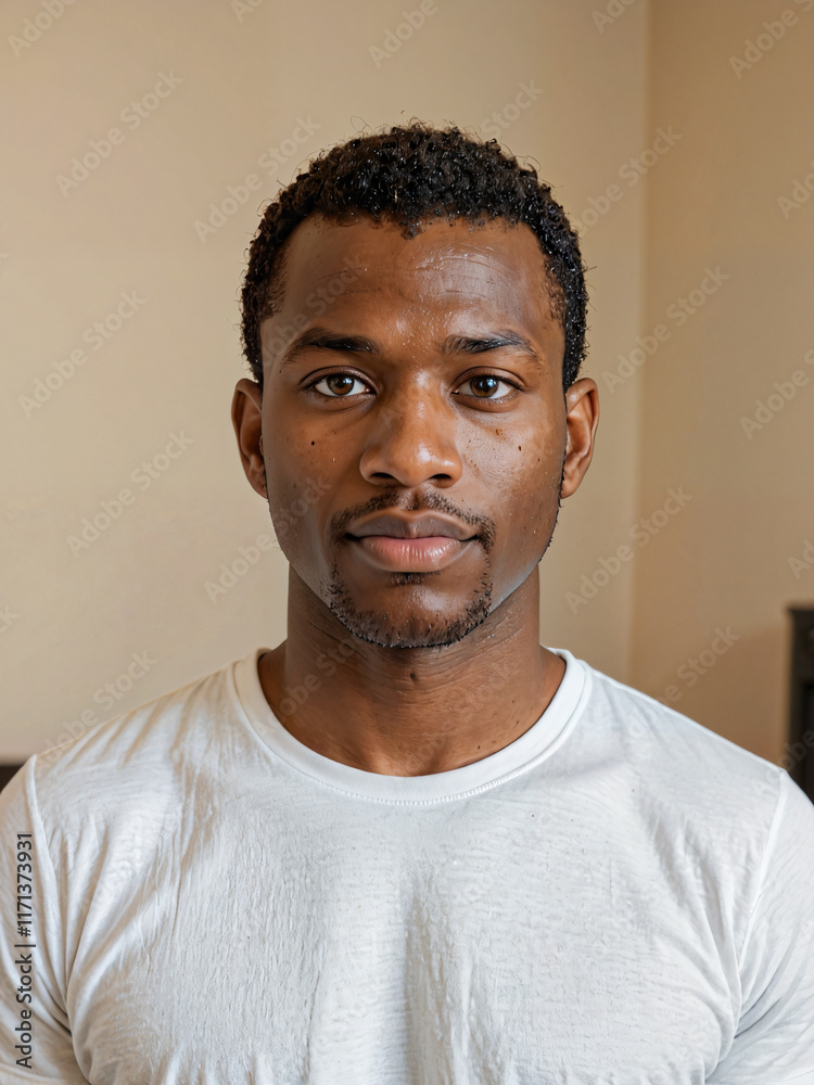 Retrato de un hombre negro vistiendo una camiseta blanca de algodón Retrato de un hombre negro vistiendo una camiseta blanca de algodón