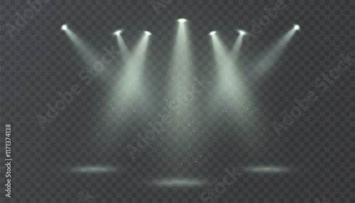Bright colorful spotlight source. Directional light sources spotlights, concert lighting, disco spotlights. Spotlight beams with bright flickering light effect. Vector