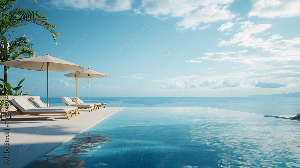 Fototapeta premium A luxurious poolside view features sun loungers and umbrellas surrounded by palm trees, overlooking a serene, shimmering blue ocean and a clear sky with soft clouds