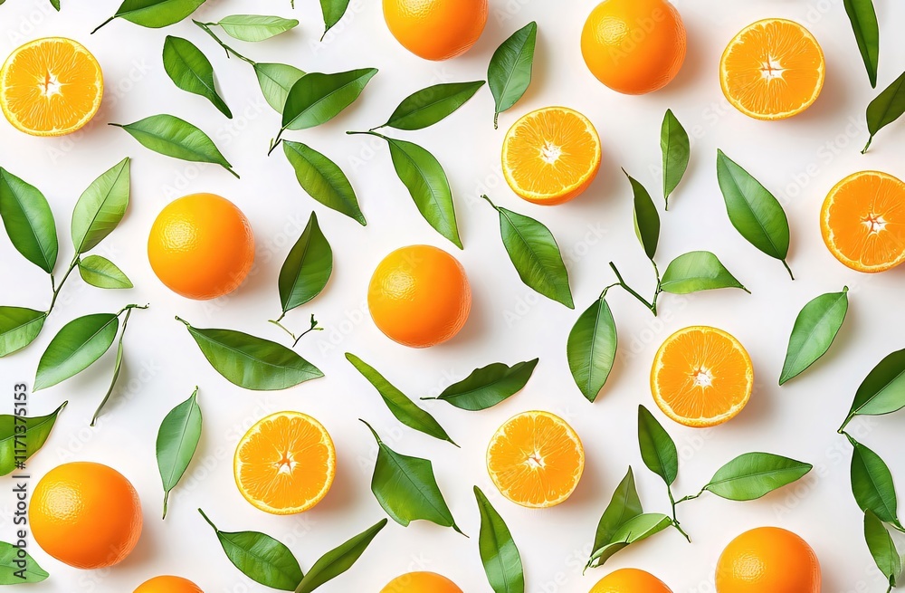 Flat lay of whole and halved oranges with green leaves on white background. Flat lay of whole and halved oranges with green leaves on white background.