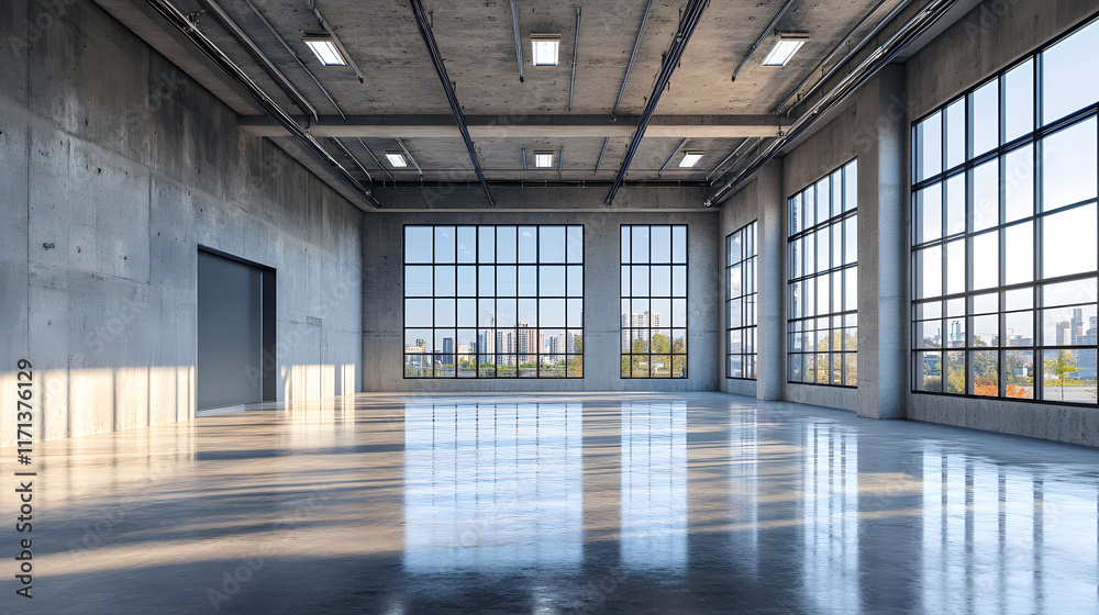 an empty industrial hall features large windows showcasing a city skyline, with polished concrete floors and ample natural light flooding the spacious interior an empty industrial hall features large windows showcasing a city skyline, with polished concrete floors and ample natural light flooding the spacious interior
