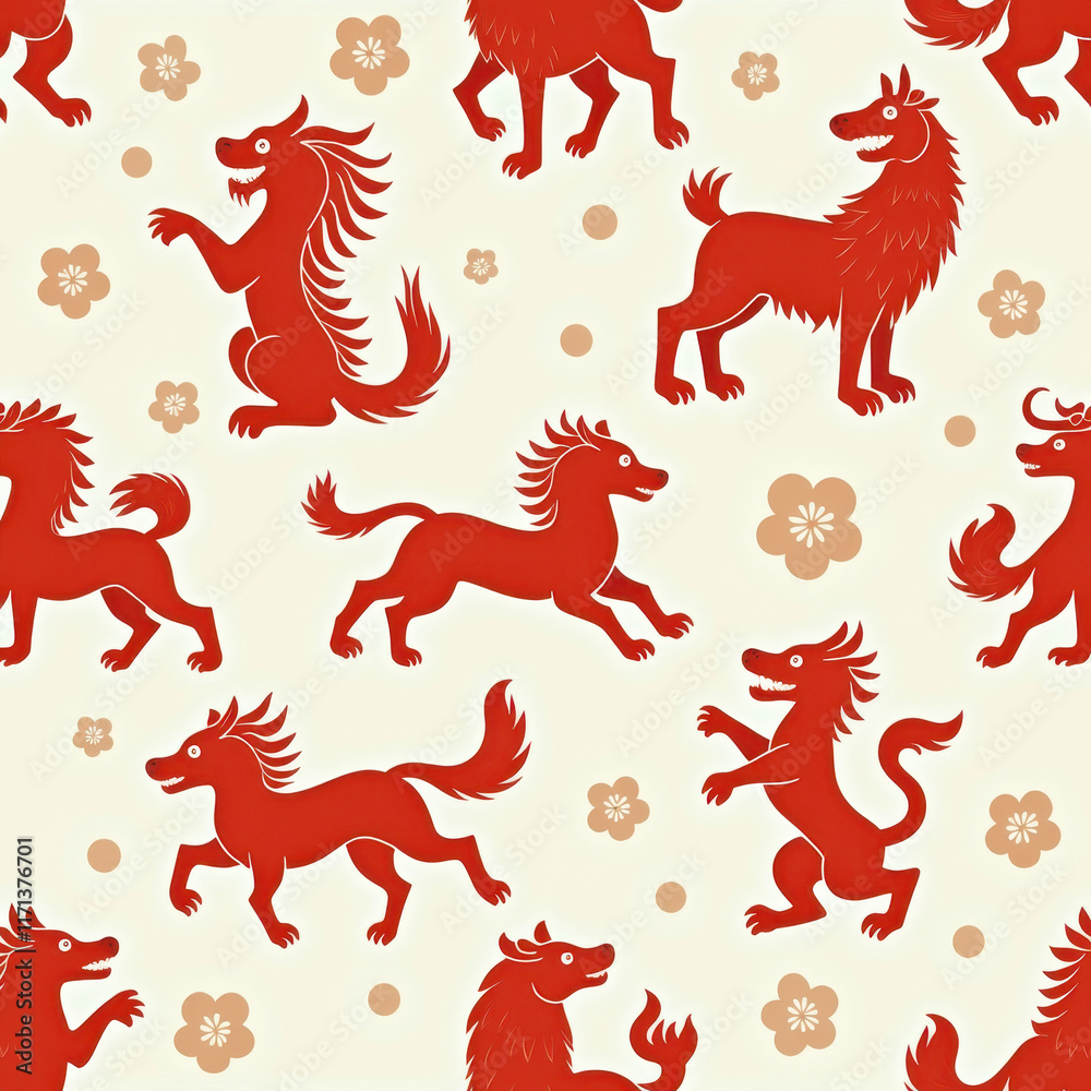 Red Chinese Wolf Seamless Pattern - Asian-inspired design