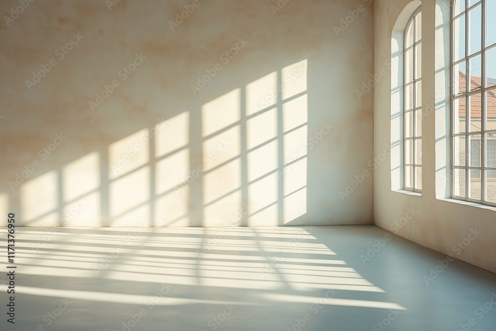Sunlight streaming through large windows creates captivating geometric patterns on the floor of an empty room. The serene, minimalistic setting highlights natural light effects. Sunlight streaming through large windows creates captivating geometric patterns on the floor of an empty room. The serene, minimalistic setting highlights natural light effects.