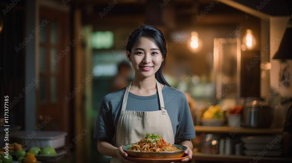 Attractive asian woman smiling holding a plate of asian food Attractive asian woman smiling holding a plate of asian food