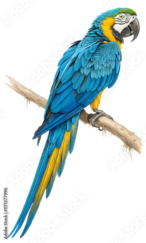 blue and yellow macaw  bird, cheerful , pet animal on isolate white.