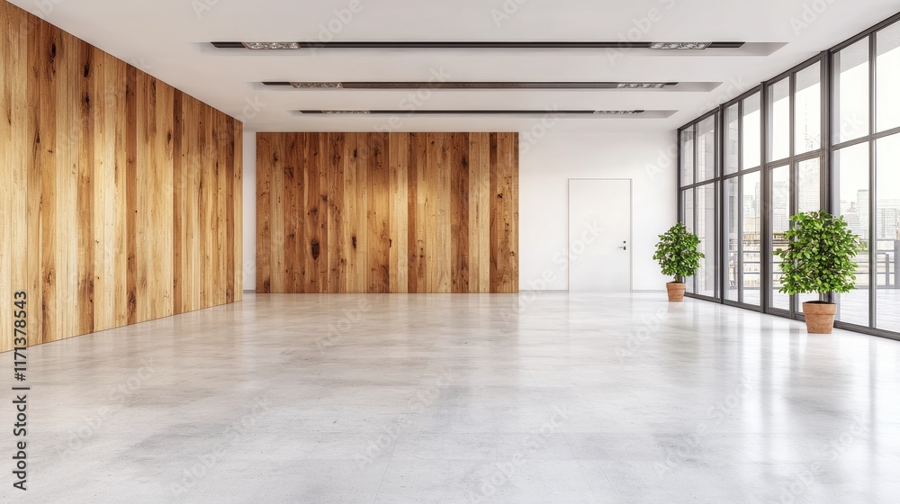 Fototapeta premium Modern Empty Office Space with Wooden Walls and Bright Windows for Creative Interior Design