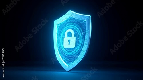 Shield with digital patterns and a holographic lock symbolizes encryption and protection. Binary code and symbols showcase advanced data security