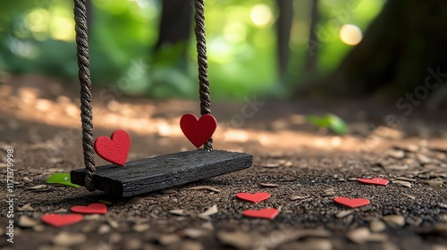 Romantic valentine swing with heart decorations enchanted forest nature scene serene environment close-up view