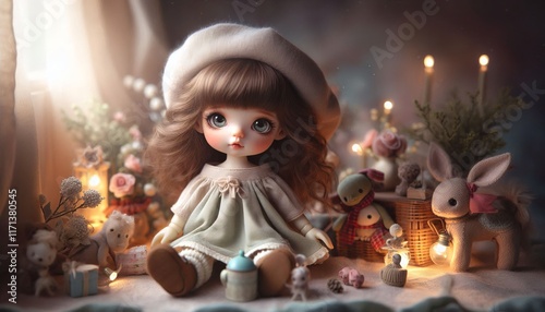 Whimsical handcrafted doll surrounded by teddy bears, soft candlelight, floral accents, and vintage charm in a cozy setting photo