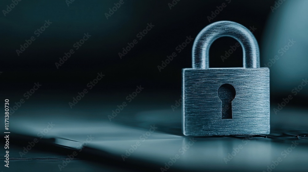 Naklejka premium Close-up View of a Metallic Padlock with a Keyhole on a Dark Background