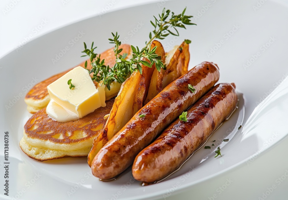 Delicious Breakfast Dish Featuring Fluffy Pancakes, Juicy Sausages, Crispy Potatoes, and Fresh Herbs Served on Elegant White Plate for Culinary Delight Delicious Breakfast Dish Featuring Fluffy Pancakes, Juicy Sausages, Crispy Potatoes, and Fresh Herbs Served on Elegant White Plate for Culinary Delight