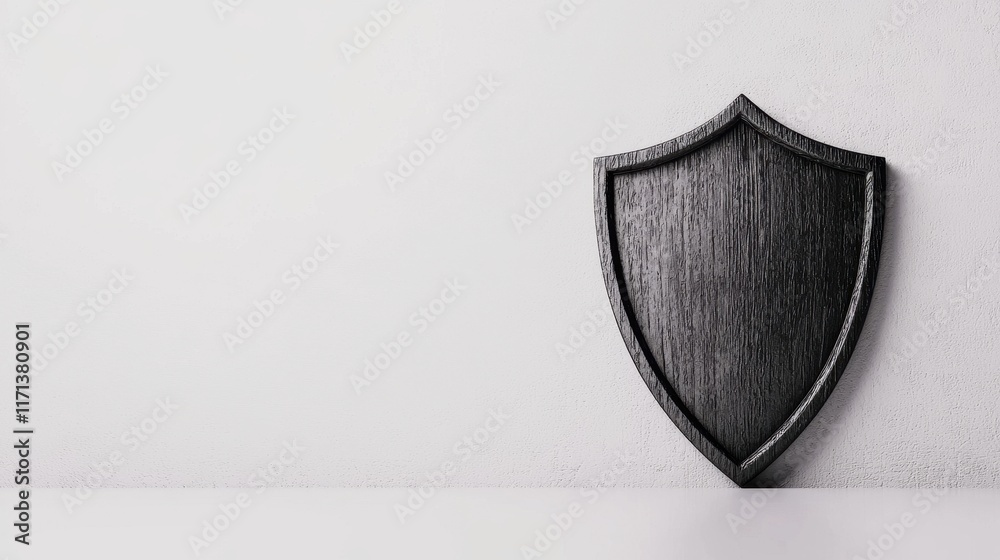 Wooden Shield on Minimalist Wall Background for Protection and Security Concepts Wooden Shield on Minimalist Wall Background for Protection and Security Concepts