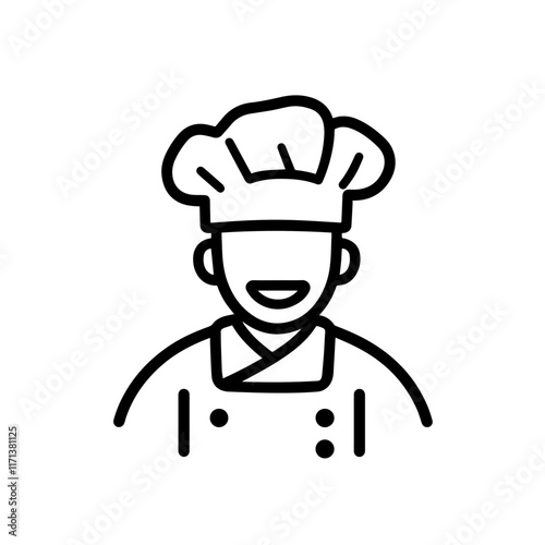 Male chef in one continuous line drawing. Cook in uniform working in kitchen in simple linear style. Symbol of food and restaurant in editable stroke. Doodle outline vector illustration