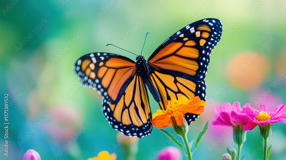 Monarch Butterfly on Vibrant Flowers in a Garden Monarch Butterfly on Vibrant Flowers in a Garden