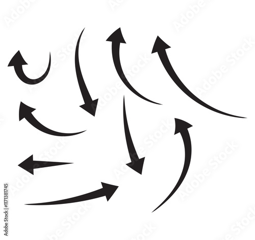 Hand drawn arrow vector icons set. sketch arrow design for business plan and education.black arrows icons. Circle arrows, rotate arrow, redo process symbol.