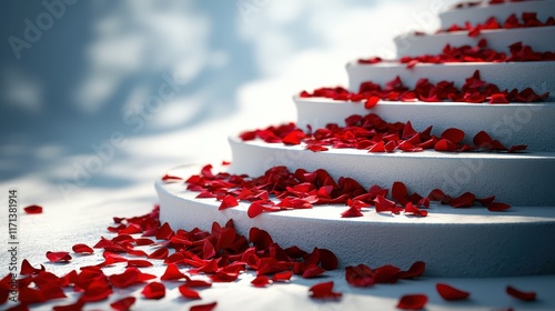 Valentine's day romantic stairs grand venue stunning petal display enchanting atmosphere elegant viewpoint