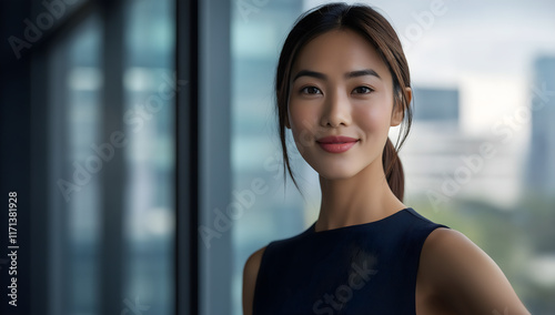 Free Download A confident Asian businesswoman in a sleek black dress stands by a window in a city office with skyscraper views. A smiling CEO, she excels as a manager of a diverse team. - GFXLoad
