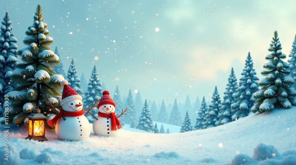 Obraz premium Winter Wonderland Scene with Two Cheerful Snowmen and Glowing Lantern