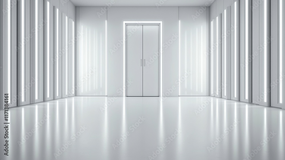 Fototapeta premium Modern Minimalist Hallway with Bright LED Lights and Closed Elevator Doors in Futuristic Design