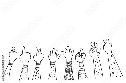Hands raised. Racial equality. Team cooperation, partnership, community, support, trust concept hand draw line art . Vector illustration in flat style