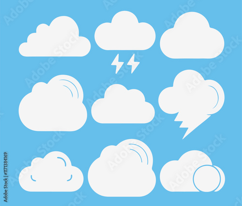 Cloud. Abstract white cloudy set isolated on blue background. Vector illustration