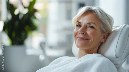 A patient post-surgery with a smile of confidence in a serene and well-lit clinic.