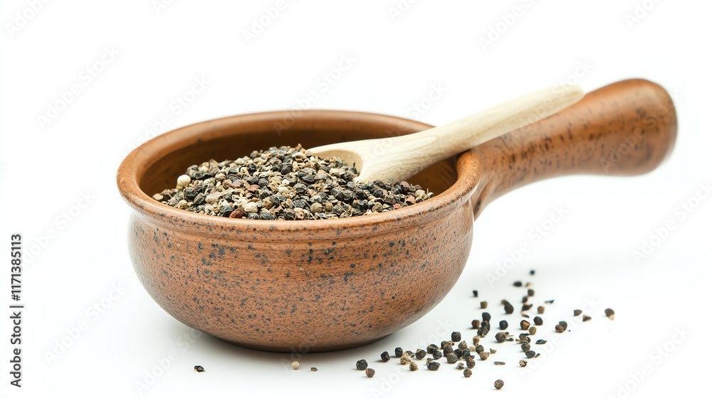 Bowl with mixed spices and wooden spoon on a white isolate background Bowl with mixed spices and wooden spoon on a white isolate background