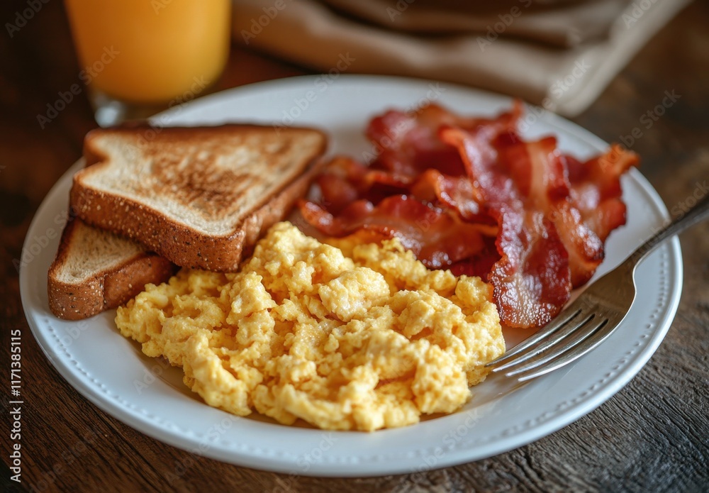 Delicious Breakfast Plate Featuring Soft Scrambled Eggs, Crispy Bacon Strips, and Toasted Bread with a Glass of Orange Juice in the Background Delicious Breakfast Plate Featuring Soft Scrambled Eggs, Crispy Bacon Strips, and Toasted Bread with a Glass of Orange Juice in the Background