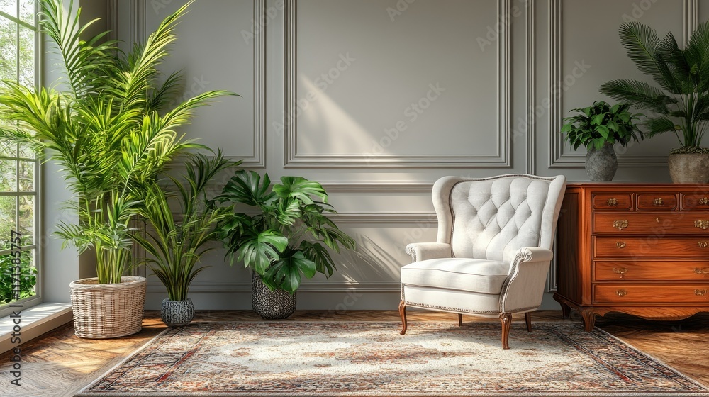 Naklejka premium Sunlit living room with armchair, plants, and antique dresser.