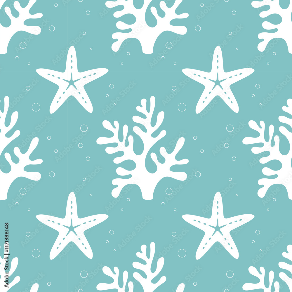 Marine soft blue pattern with white corals and starfish. 