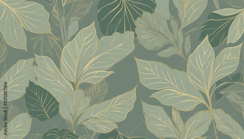 Fototapeta premium Stylish green and gold leaf wallpaper with a beautiful leaf motif, ideal for creating a fresh and natural ambiance.