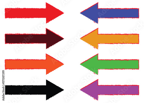 Bold brush drawn curved and wavy arrows. Multi colored doodle marker thick arrows in different directions.
