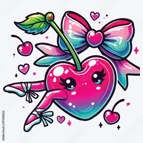 Art Product, Ballet, Ballet Heart cherry with bow in cartoon style. Cute trendy design. Funky illustration