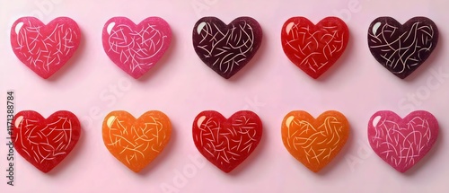 Glossy Heart Shapes in a Gradient of Red, Orange, and Pink on a Bright Background