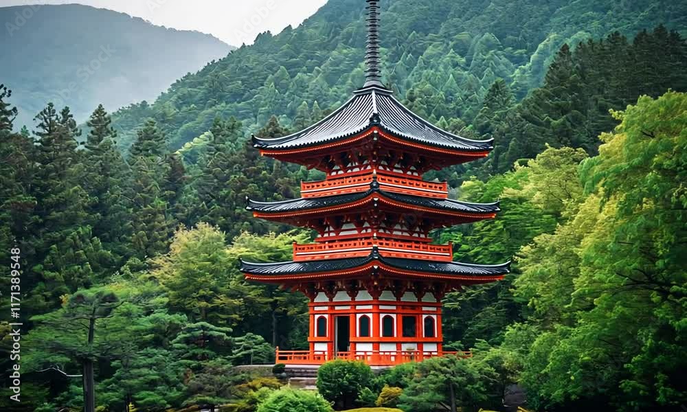 Three-Story Red Pagoda in Lush Green Japanese Mountain Landscape Three-Story Red Pagoda in Lush Green Japanese Mountain Landscape