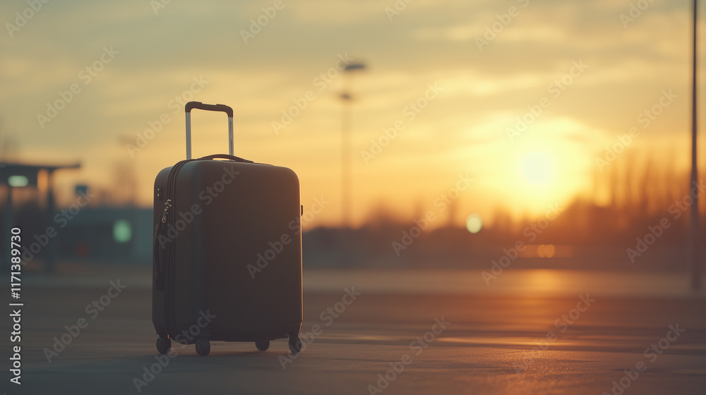 Sunset silhouette of a suitcase on an empty airport tarmac during evening hours. Generative AI Sunset silhouette of a suitcase on an empty airport tarmac during evening hours. Generative AI