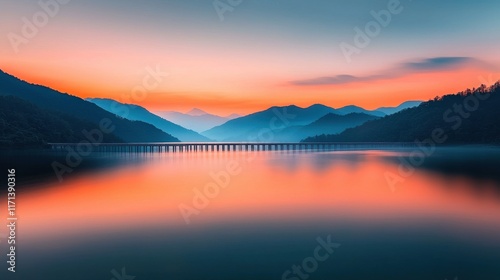 Serene Dawn Over Misty Mountains and Tranquil Lake with Reflections in Warm Sunrise Colors