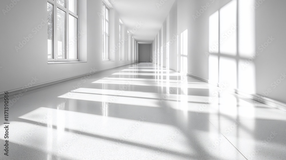 Fototapeta premium Sunlit White Corridor: Architectural Photography