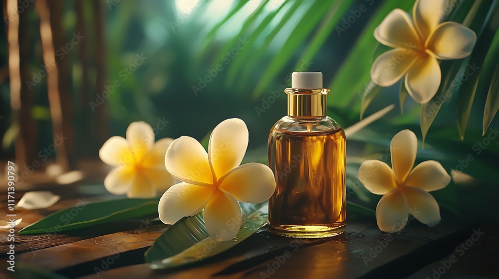 Luxurious Tropical Essential Oil Bottle with Plumeria Flowers on Wooden Surface Luxurious Tropical Essential Oil Bottle with Plumeria Flowers on Wooden Surface