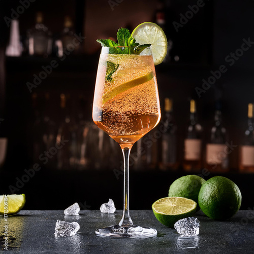 Hugo spritz cocktail drink with sparkling wine, elderflower syrup, soda, lime, mint and ice photo