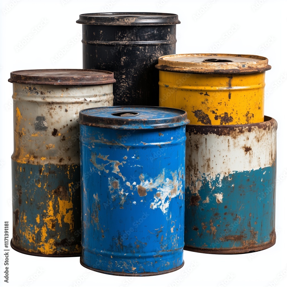 Collection of dirty paint canisters isolated on a white background. Collection of dirty paint canisters isolated on a white background.