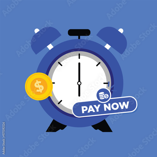 Payment time in clock. Subscription payment. daily payment time. Flat clock with button pay. pay scheduled on timer.