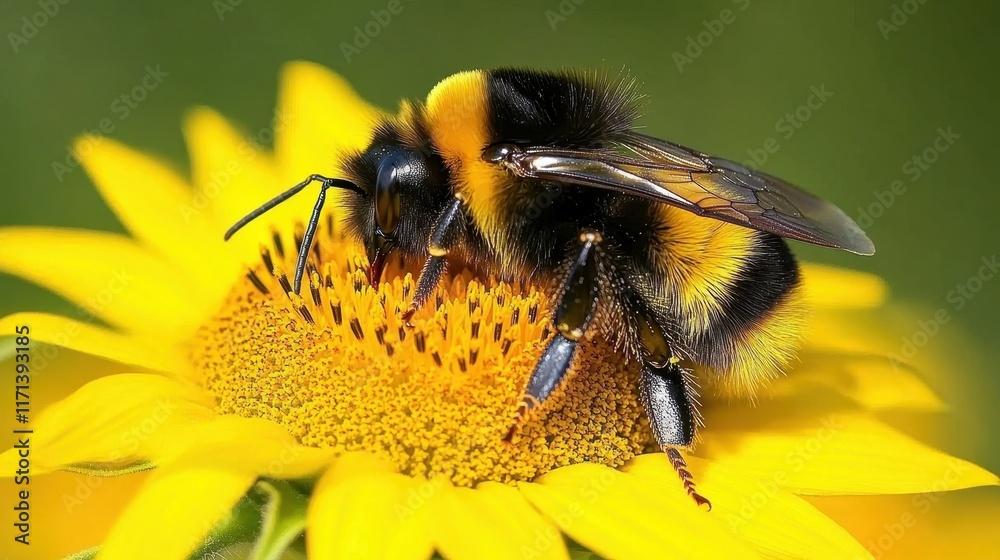 Bee Pollinating Bright Yellow Sunflower Blossom Bee Pollinating Bright Yellow Sunflower Blossom