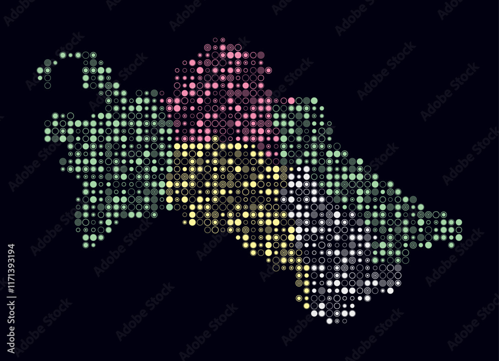 Fototapeta premium Turkmenistan, shape of the country built of colored cells. Digital style map of Turkmenistan on dark background. Small size circle blocks. Abstract vector illustration.