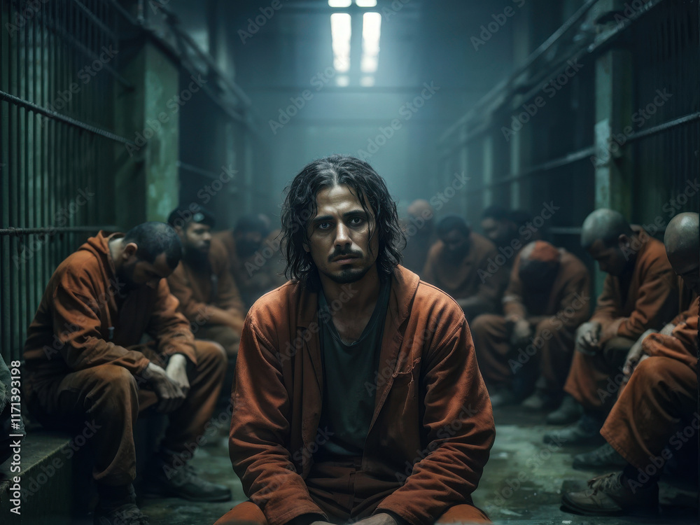 A harrowing jail scene with distressed prisoners in an oppressive environment, illuminated by dim, moody lighting, emphasizing despair and emotional tension. Generative AI A harrowing jail scene with distressed prisoners in an oppressive environment, illuminated by dim, moody lighting, emphasizing despair and emotional tension. Generative AI