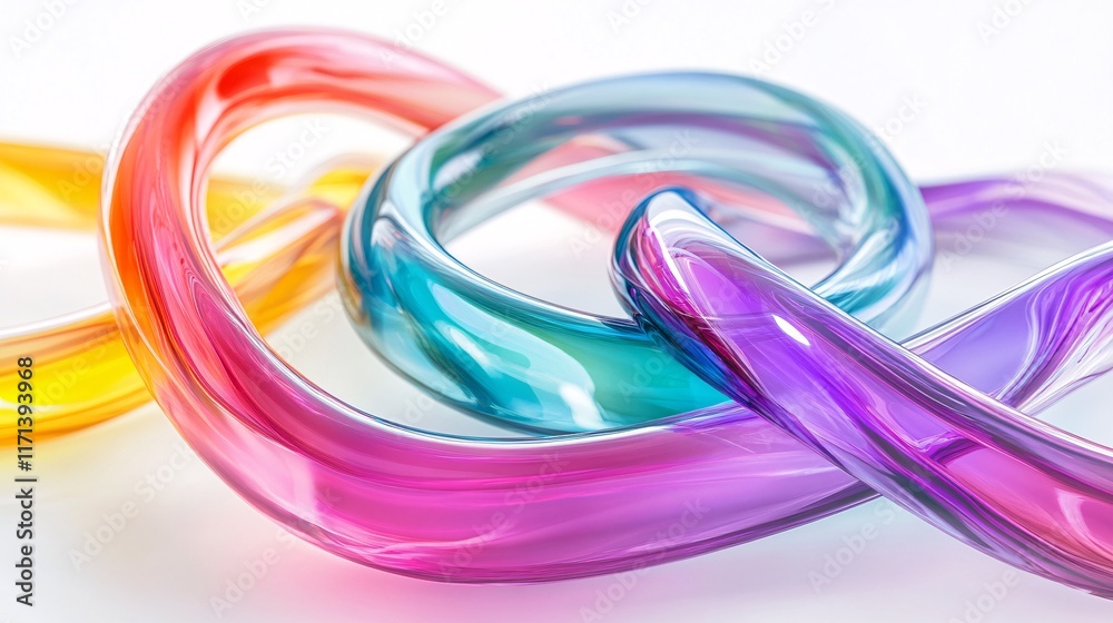 3D Render of Colorful Glass Curves with Iridescent Glow on White Background 3D Render of Colorful Glass Curves with Iridescent Glow on White Background