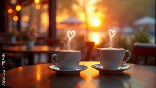 The image shows two white cups of coffee on a wooden table in a cafe or restaurant. The cups are placed side by side and are facing each other.