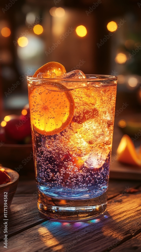 Bubbles dance in a vibrant glass, illuminated by warm lights at twilight Bubbles dance in a vibrant glass, illuminated by warm lights at twilight