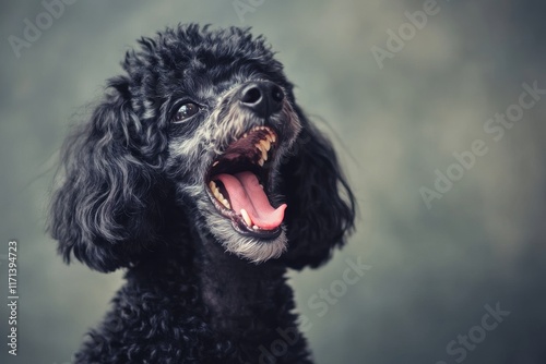 A black poodle dog stares into the camera against a gray studio backdrop photo