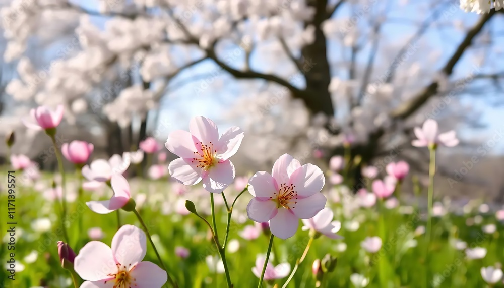 Obraz premium Delicate Pink Flowers Bloom Underneath Cherry Blossoms